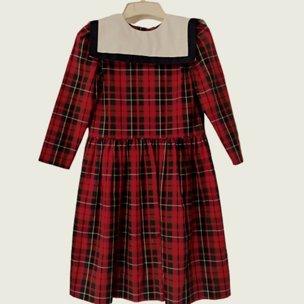 Vintage Monday's Child Girls Plaid Dress with White Blue Collar 7 Tartan Preppy